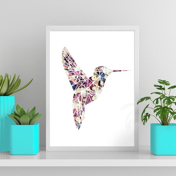 Arte Digital Quadro - Beija-flor Geométrico Flores
