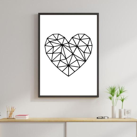 Arte Digital Quadro - Coração Geométrico Preto Fundo Branco