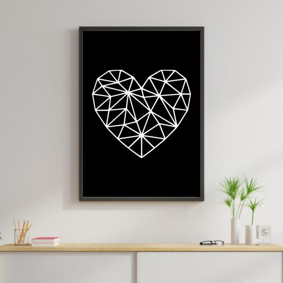 Arte Digital Quadro - Coração Geométrico Branco Fundo Preto