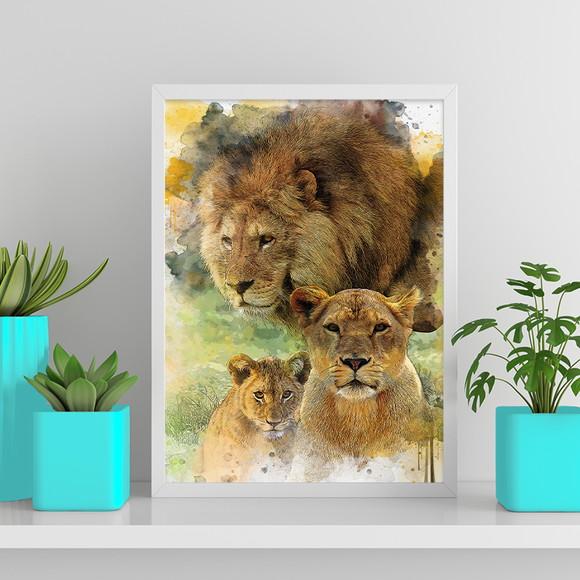 Arte Digital Quadro - Família de Leões Aquarela