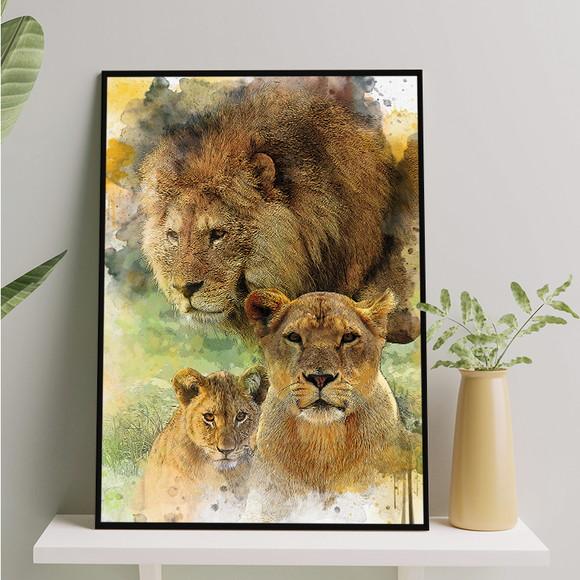 Arte Digital Quadro - Família de Leões Aquarela