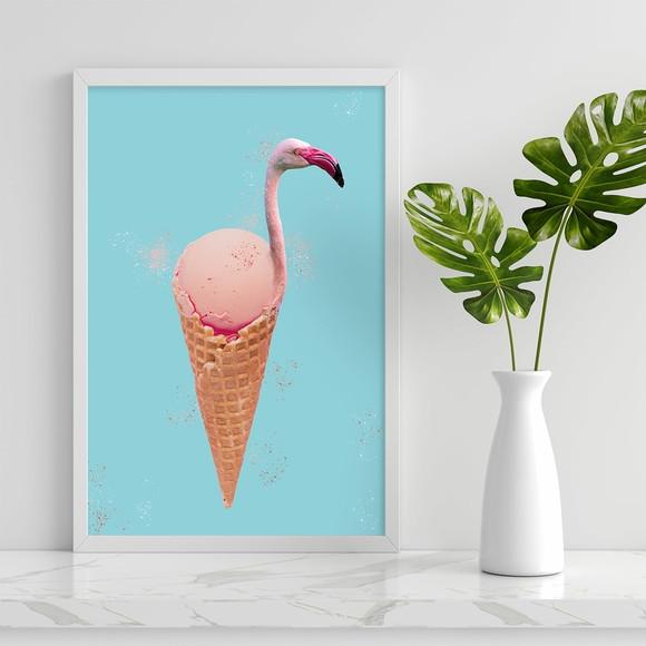 Arte Digital Quadro - Flamingo no Sorvete fundo azul