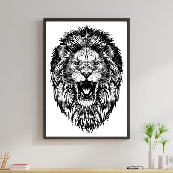 Arte Digital Quadro - Leão Preto e Branco