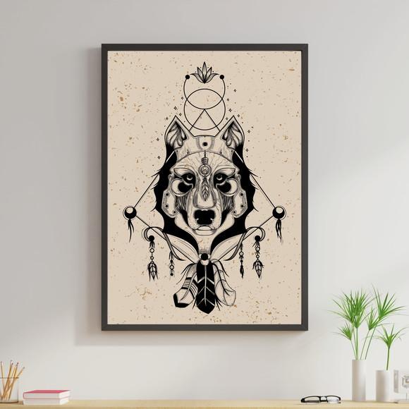 Arte Digital Quadro - Lobo Tribal Boho Apanhador de sonhos