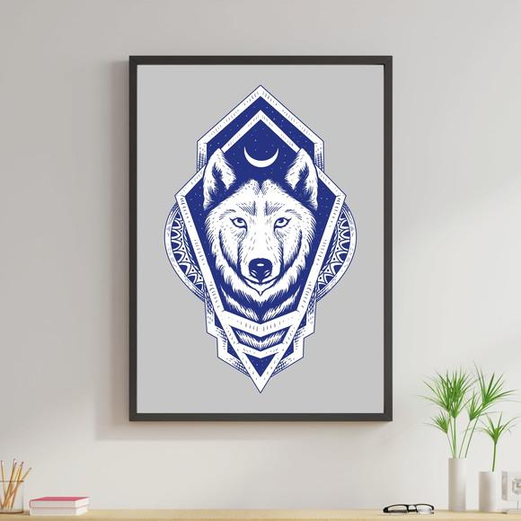 Arte Digital Quadro - Lobo Tribal Boho Lua Azul Cinza