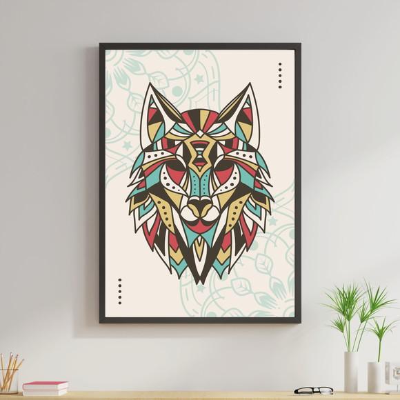 Arte Digital Quadro - Lobo Tribal Boho Colorido
