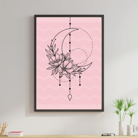 Arte Digital Quadro - Lua Tribal Rosa Boho Flores