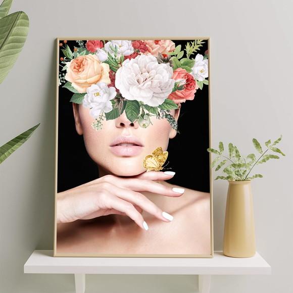 Arte Digital Quadro - Mulher E Flores - Borboleta Dourada