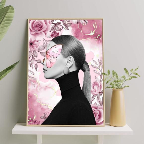 Arte Digital Quadro - Mulher E Flores - Borboleta Rosa