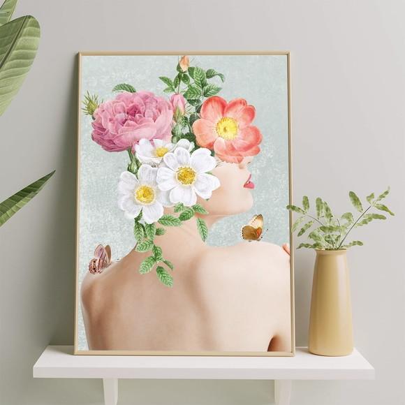 Arte Digital Quadro - Mulher E Flores - Cinza