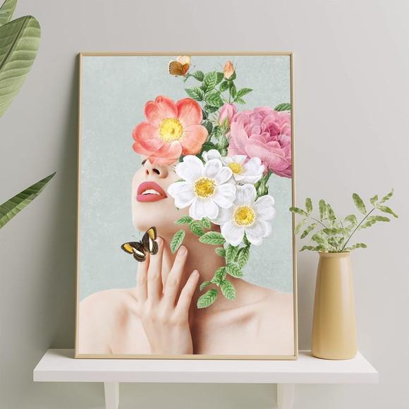 Arte Digital Quadro - Mulher E Flores - Cinza