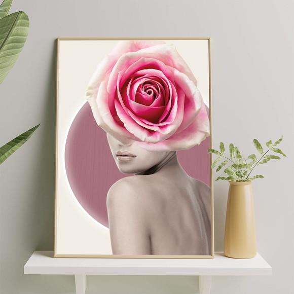 Arte Digital Quadro - Mulher E Flores - Rosa