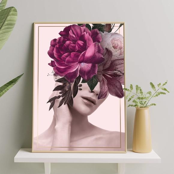 Arte Digital Quadro - Mulher E Flores - Rosa