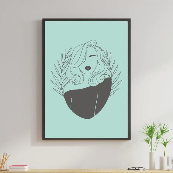 Arte Digital Quadro - Mulher Folhas - Azul