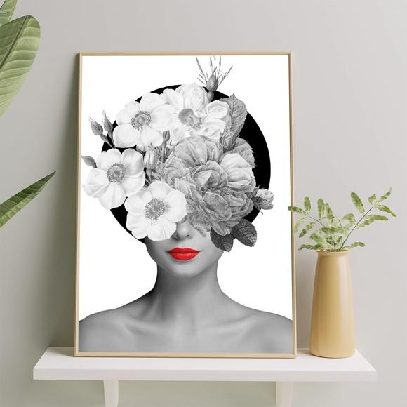 Arte Digital Quadro - Mulher E Flores - Preto E Branco