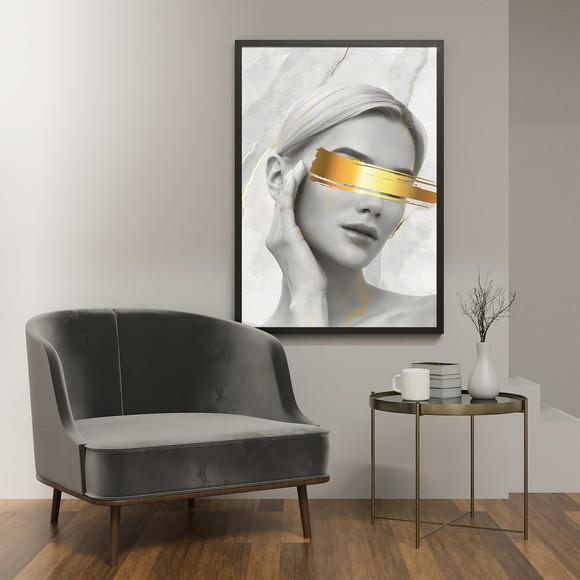 Arte Digital Quadro - Mulher Risco Dourado nos Olhos Mármore