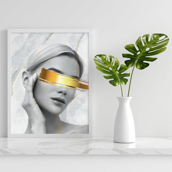 Arte Digital Quadro - Mulher Risco Dourado nos Olhos Mármore