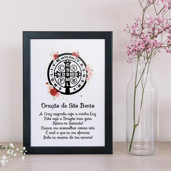 Arte Digital Quadro - Oração da medalha de São Bento Flores