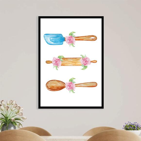 Arte Digital Quadro - Utensílios de Cozinha Aquarela Flores