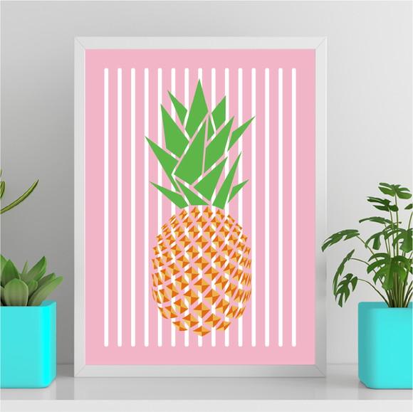 Arte Quadro Digital - Abacaxi Geométrico - Rosa com Listras