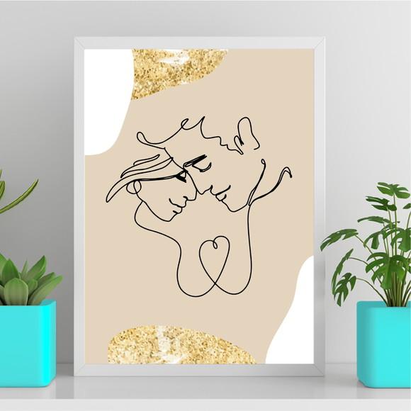 Arte Quadro Digital - Casal One Line - Bege Branco e Dourado