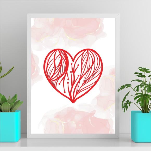 Arte Quadro Digital - Coração Arabescos - Aquarela Rosa