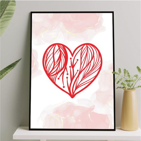 Arte Quadro Digital - Coração Arabescos - Aquarela Rosa