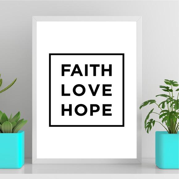 Arte Quadro Digital - Faith Love Hope - Branco e Preto