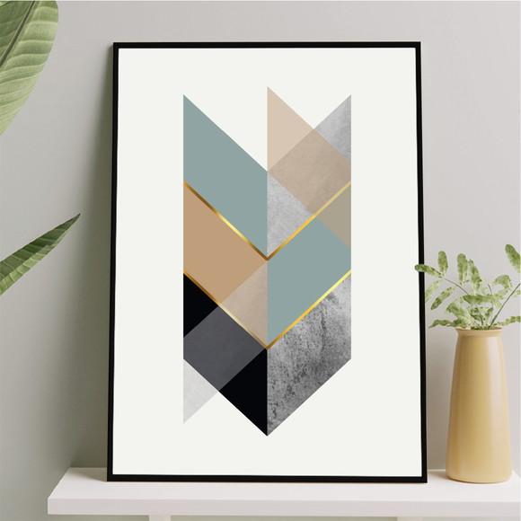 Arte Quadro Digital - Geométrico Setas Azul Marrom e Dourado