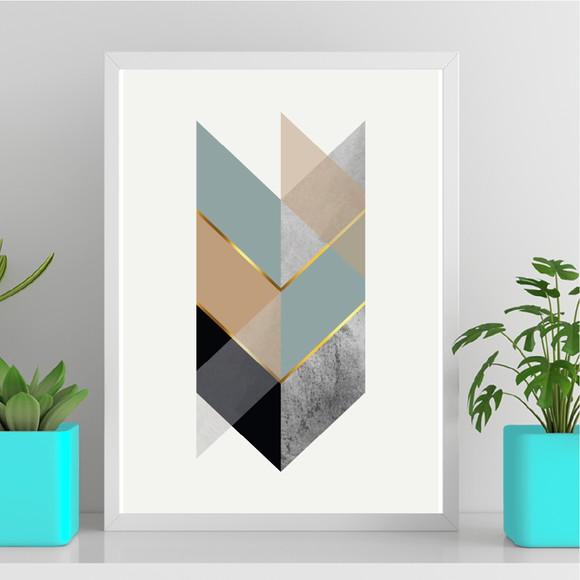 Arte Quadro Digital - Geométrico Setas Azul Marrom e Dourado