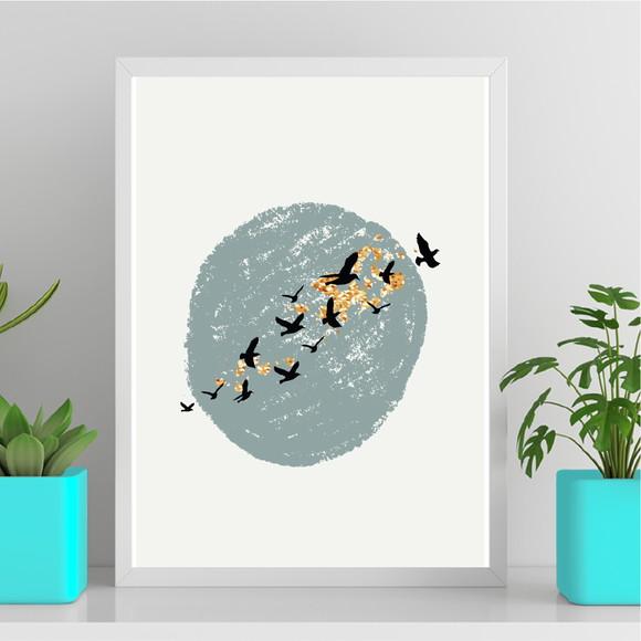 Arte Quadro Digital - Pássaros Voando Abstrato Azul Dourado