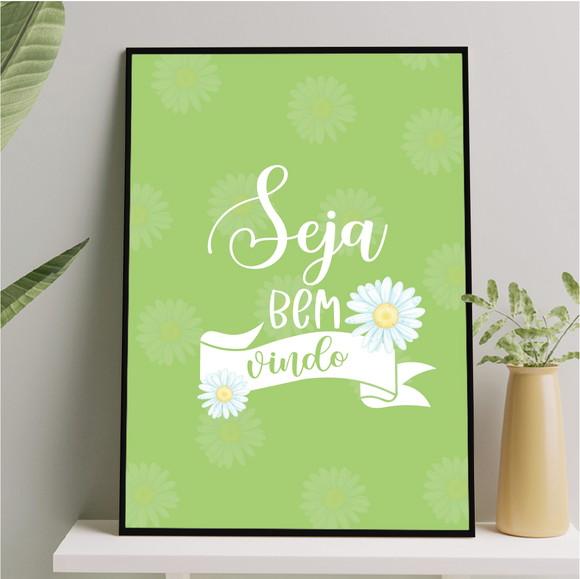 Arte Quadro Digital - Seja Bem Vindo - Verde com Margaridas