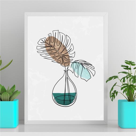 Arte Quadro Digital - Vaso Flores One Line - Marrom Turquesa