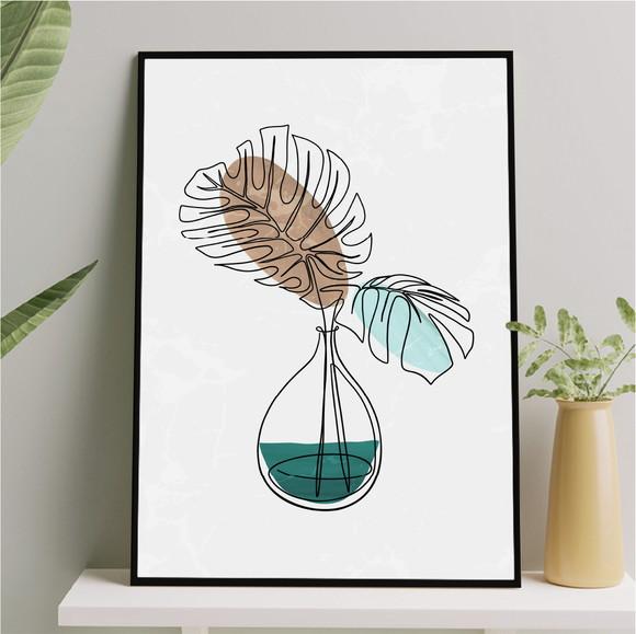 Arte Quadro Digital - Vaso Flores One Line - Marrom Turquesa