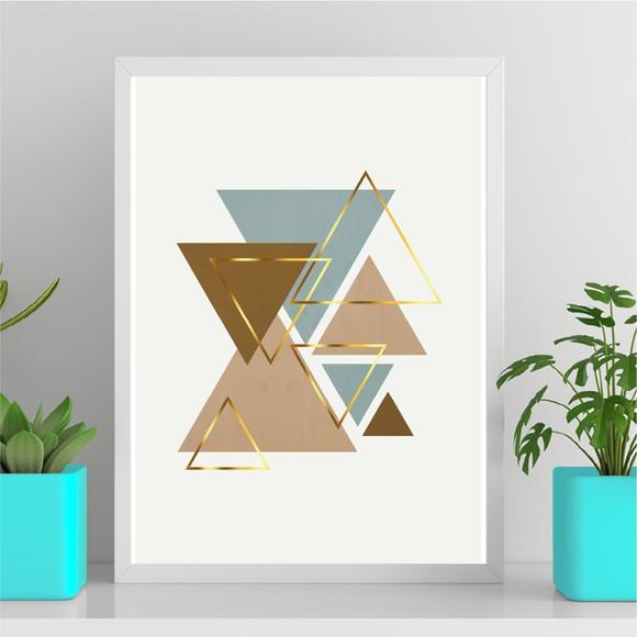 Arte Quadro Digital - Triângulos Azul Marrom e Dourado