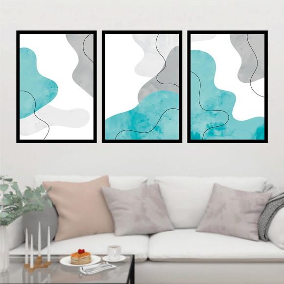 Trio Quadros Digitais - Abstrato Azul e Cinza