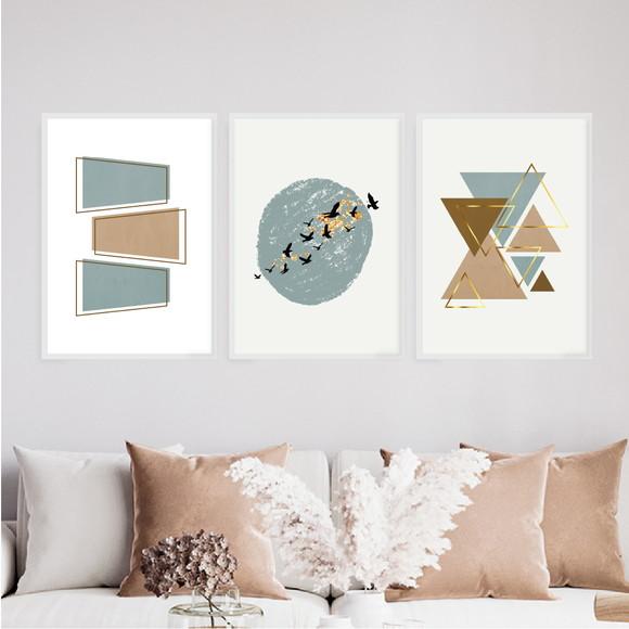Trio Quadros Digitais - Abstrato Azul Marrom Dourado Pássaro