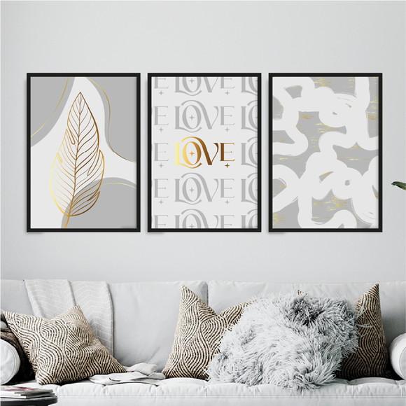 Trio Quadros Digitais - Abstrato Cinza Love Folha Dourado