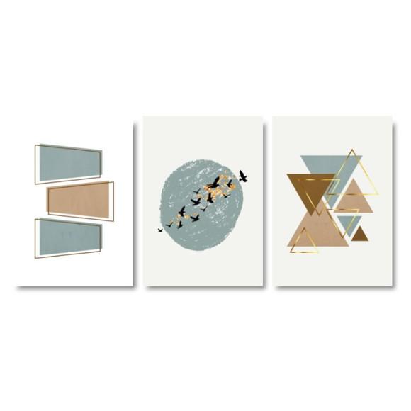Trio Quadros Digitais - Abstrato Azul Marrom Dourado Pássaro