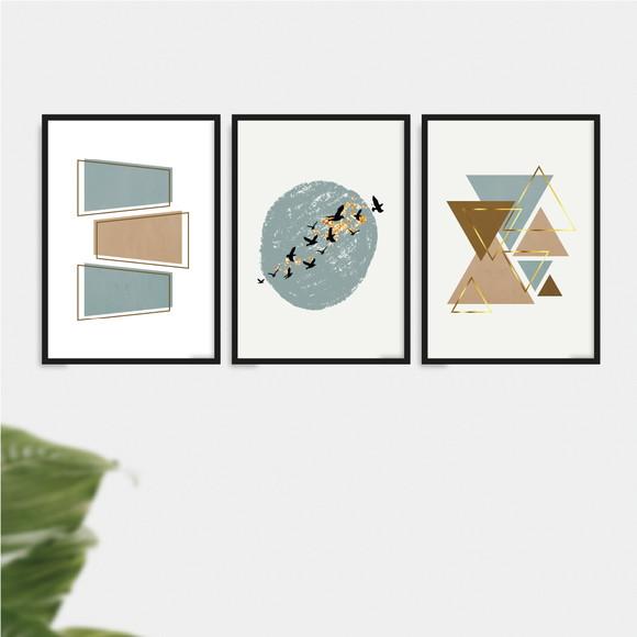 Trio Quadros Digitais - Abstrato Azul Marrom Dourado Pássaro