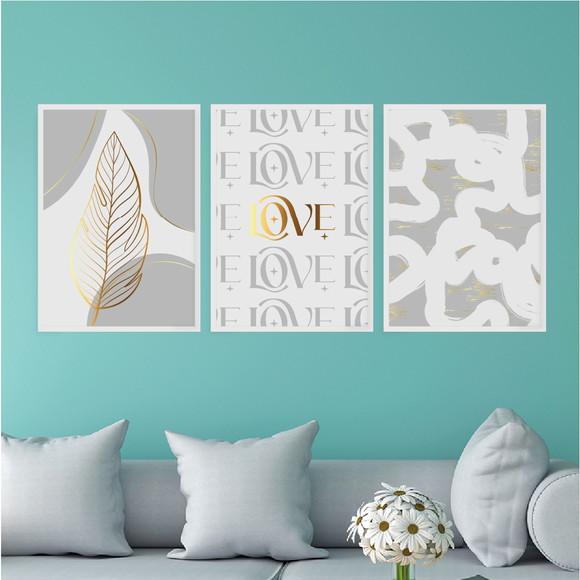 Trio Quadros Digitais - Abstrato Cinza Love Folha Dourado