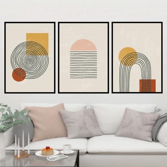 Trio Quadros Digitais - Abstrato Linhas Círculos Quadrados