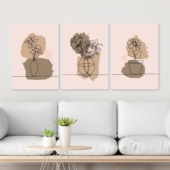 Trio Quadros Digitais - Abstrato Vaso de Flores Marrom Line