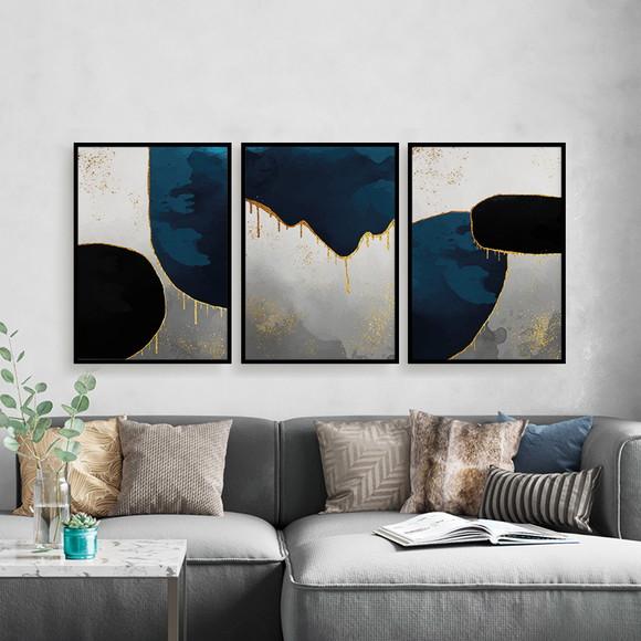 Trio Quadros Digitais - Abstrato Ouro Azul Cinza Preto