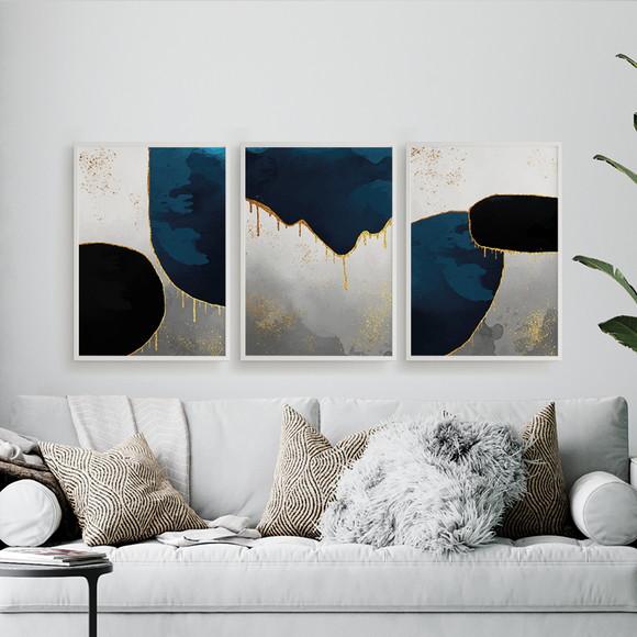 Trio Quadros Digitais - Abstrato Ouro Azul Cinza Preto