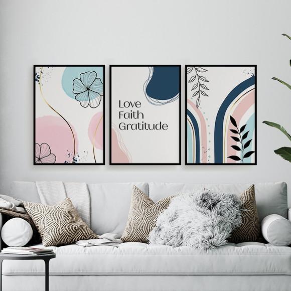 Trio Quadros Digitais - Abstratos Azul E Rosa Flores Arcos