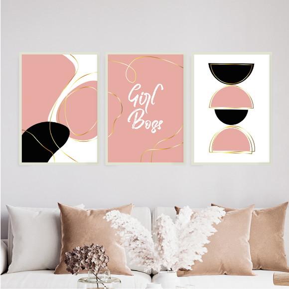 Trio Quadros Digitais - Abstratos - Girl Boss - Rosa e Preto
