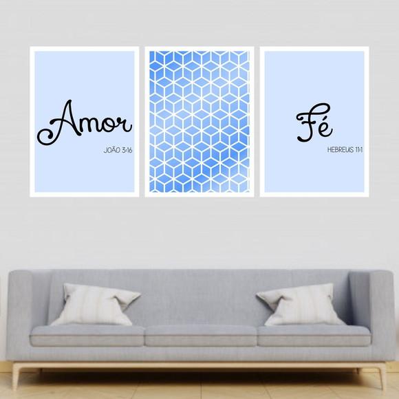 Trio Quadros Digitais - Amor Fé Cubos Azul