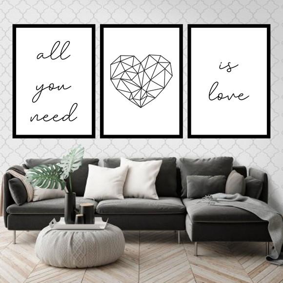 Trio Quadros Digitais - All You Need Is Love Coração