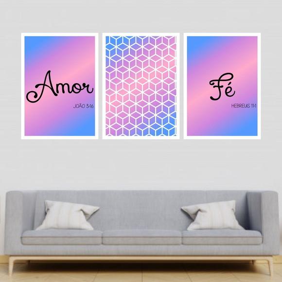 Trio Quadros Digitais - Amor Fé Cubos Azul Rosa Roxo